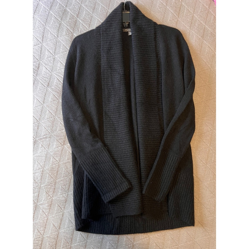 Saks Fifth Avenue 100% Cashmere Cardigan Women S Black Shawl Collar Open Front
